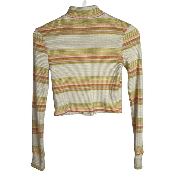 SO Top Womens Small Shirt Waffle Knit Fall Mock Neck Zip Tan Orange Striped - Picture 6 of 14